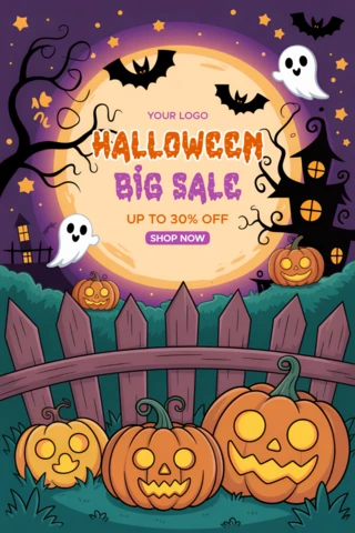 Template de venda de Halloween divertido com abóboras e fantasmas para folhetos promocionais