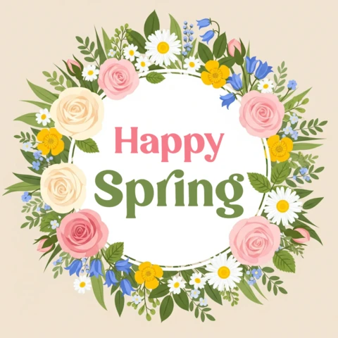 Spring Greeting Card Template Decorative Floral Wreath with Inspirational Happy Spring Quote