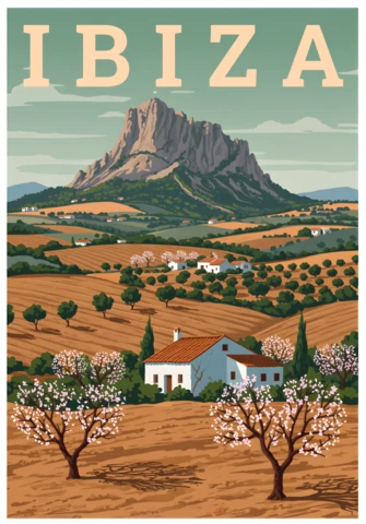 Vintage Ibiza Landscape Illustration for Retro Flat Posters Template