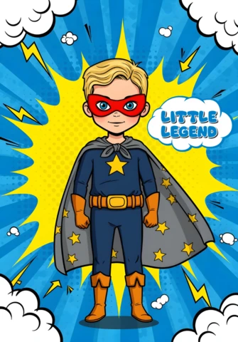 Petit héros de bande dessinée enfant légendaire avec cape étoilée et design de poster avec éclair de bande dessinée.