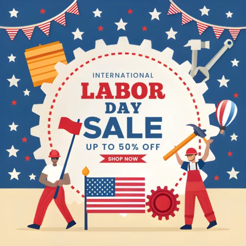 Modelo de design de promoção do Dia do Trabalho - estilo gráfico festivo e arrojado