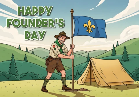 Outdoor Adventure Design Template for Happy Founder's Day with Scout and Flag
