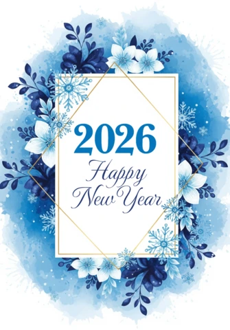 Neujahrsgrußkarten-Vorlage elegantes Design 2026 mit Aquarellblättern, Schneeflocken und Diamantbordüre