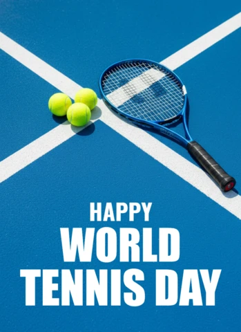 World Tennis Day Decorative Poster with Blue Court Background and Festive Theme