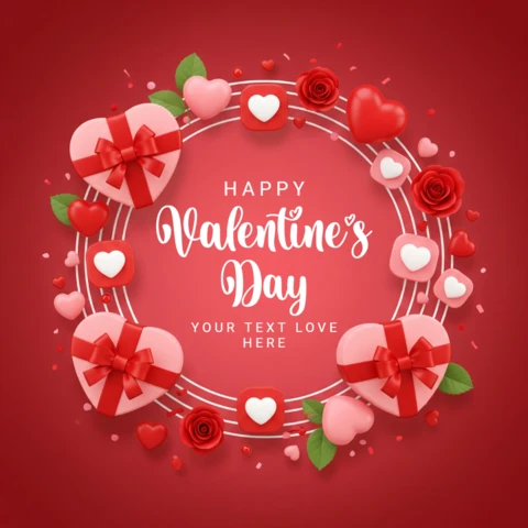 Fondo rojo con guirnalda de corazones, rosas y mensaje de amor editable tarjeta de felicitación de San Valentín