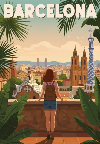 Terrace View with Mosaic Landmarks and Sunset Cityscape Barcelona Travel Posters Design Template