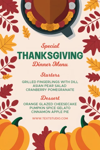 Thanksgiving Dinner Menu Design Template with Autumn Leaves and Pumpkins for Festive Events