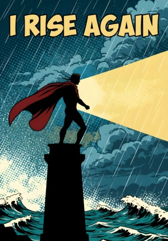 I Rise Again Superhero Silhouette On Pedestal in Stormy Ocean Scene Poster Design Template