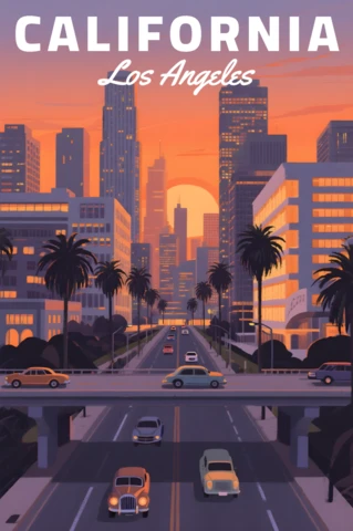 California Los Angeles Sunset Retrofuturistic Design for Posters Template