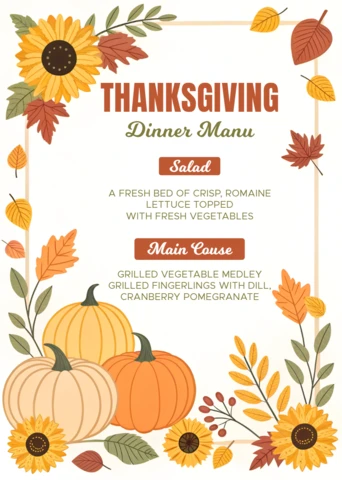 Modèle de menu de dîner de Thanksgiving avec un design de tournesols et de citrouilles pour des événements saisonniers