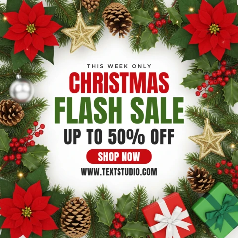 Kerst flash sale poster rode achtergrond met kerststerren, dennenappels, feestelijke verkoopontwerp met decoratieve guirlande en feestelijke sprankeling