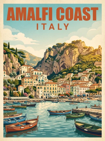 Vintage Retro Amalfi Coast Italy Travel Poster Mediterranean Charm Seaside Town Boats Rocky Mountains Greenery Artwork