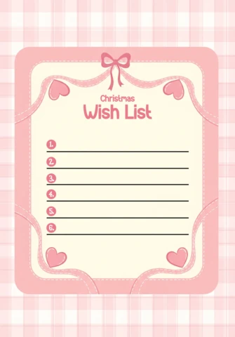 Plantilla de lista de deseos navideños, papelería con acentos de corazón y lazo decorativo para niños.