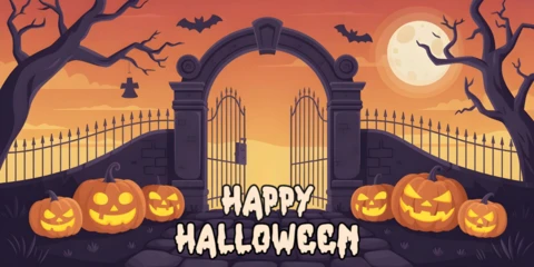 Frohes Halloween Eisen-Tor-Eingang, nebliger Friedhof & stilisiertes Begrüßungs-Facebook-Cover-Design-Template