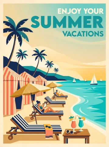 Vintage Summer Vacation Poster with Palm Trees, Striped Cabanas, Tropical Drinks, Lounge Chairs, Ocean Waves and Nostalgic Tropical Holiday Mood