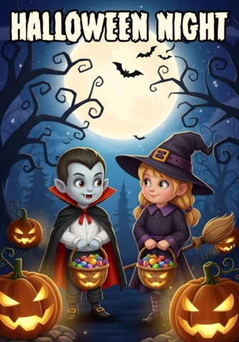 Enfants de dessin animé effrayants d'Halloween en costumes avec des chauves-souris, des arbres et des citrouilles lumineuses, modèle de design pour des flyers festifs.