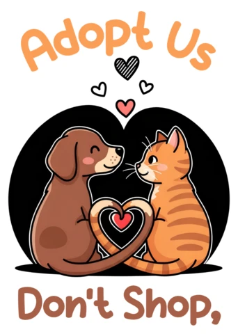 Adopta, no compres, diseño de animalito lindo y caricaturesco para plantilla de camiseta.