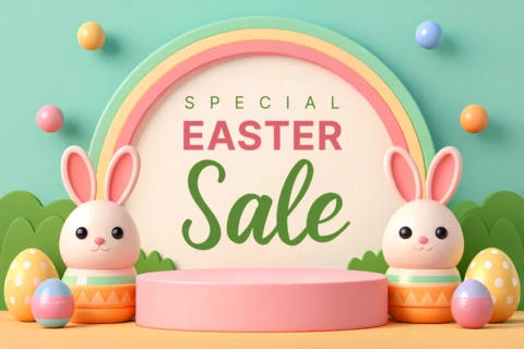 Juguetona plantilla de diseño de venta de Pascua con lindo conejito y elementos coloridos