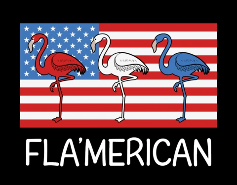 Plantilla de diseño de camiseta con bandera americana y flamencos