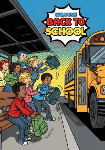 Welcome Back to School Children Running Toward Yellow Bus with Comic Burst and Backpacks Poster Design Template
