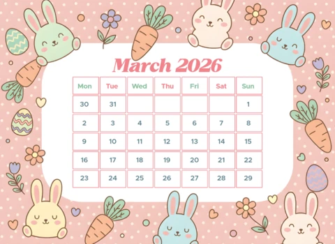 Calendario de pared de marzo de 2026 con lindas ilustraciones de conejitos y fondo de lunares rosas.