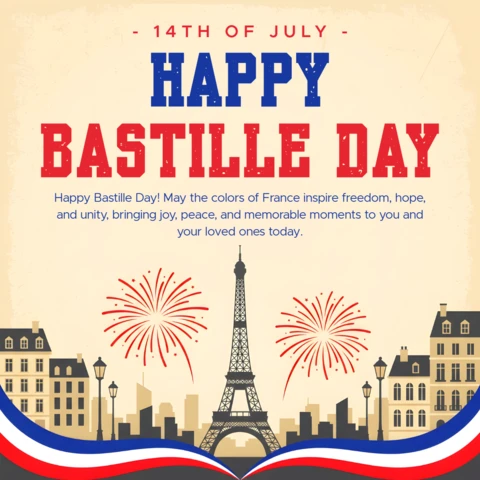 Cartão de felicitações vintage do Dia da Bastilha com torre Eiffel, fogos de artifício e ilustração do horizonte de Paris