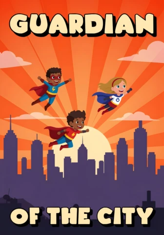 Guardian of The City Flying Superheroes Over Sunset Skyline Poster Design Template