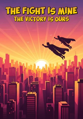 La lucha es mía, la victoria es nuestra, superhéroes voladores sobre el paisaje urbano al atardecer, plantilla de diseño de cartel.