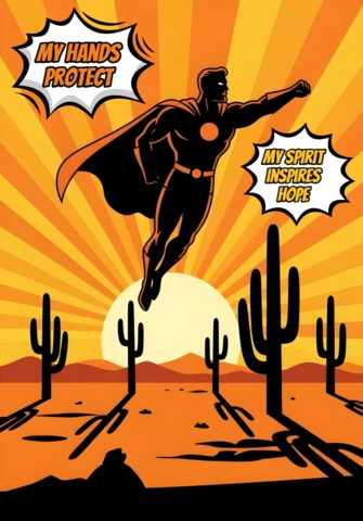 Mis manos protegen mi espíritu, inspiran esperanza, volando como un superhéroe sobre el atardecer del desierto, plantilla de diseño de cartel.