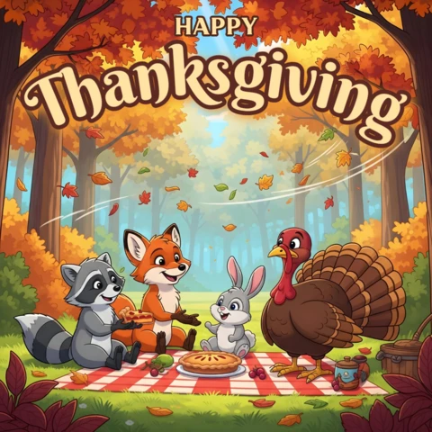 Festive Thanksgiving Card Cute Animal Picnic with Gourds, Basket & Red Checkered Blanket Banner Design Template