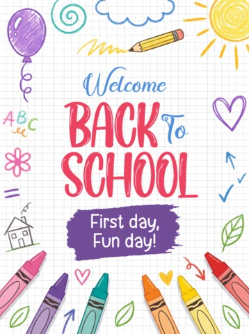Colorful Back to School Poster Design with Hand Drawn Doodles and Crayons
