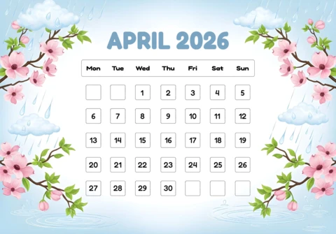 April 2026 Calendar Poster — Floral Border with Blossoms, Leaves, Clouds, and Decorative Artwork