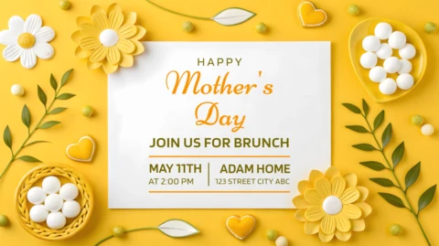 Happy Mother's Day Brunch Invitation Template | Floral Design On Yellow Background