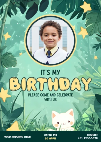 Forest Cat Happy Birthday Greeting Card Design Template