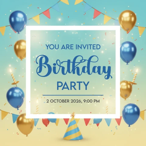 Pôster de festa de aniversário feliz com fundo colorido, balões, confetes, bandeirinhas e tema de celebração festiva.