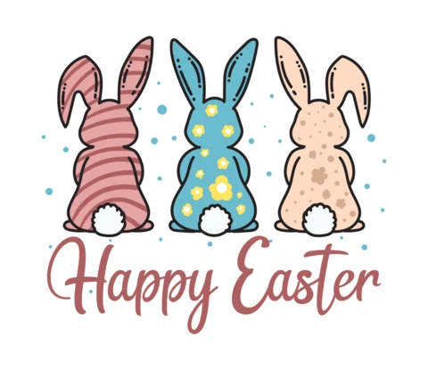 Felice Pasqua trio di coniglietti vista posteriore con corpi decorati e code pelose modello di design per t-shirt