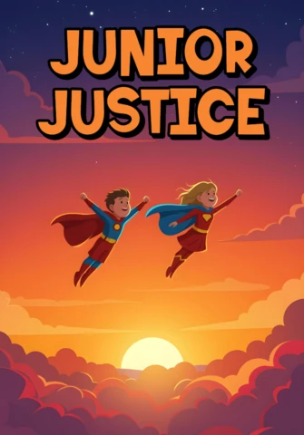 Plantilla de diseño de cartel de jóvenes superhéroes de justicia junior volando en el cielo al atardecer.
