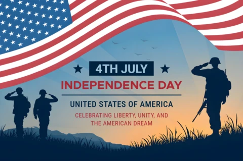Plantilla de diseño para la celebración del Día de la Independencia con soldados y bandera americana.