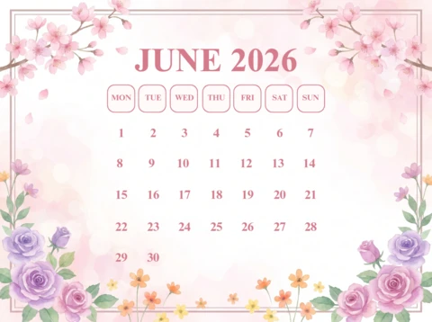 June 2026 Floral Calendar with Cherry Blossoms, Roses, and Elegant Pastel Pink Background
