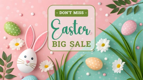 Plantilla de diseño de venta de Pascua con caprichosos elementos florales y conejitos
