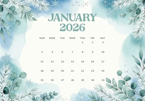 Seasonal Calendar Poster January 2026 Watercolor Edition with Snowflake Glow and Nature Accents