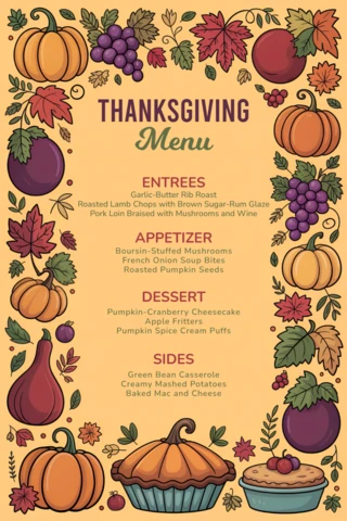 Modello di design per il menu del Ringraziamento con elementi rustici autunnali per una cena festiva
