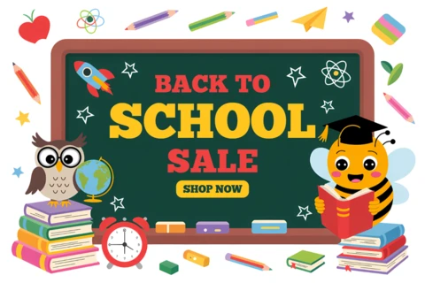 Colorful Back to School Sale Template with Cartoon Owl Bee and School Supplies Design for Promotional Flyers