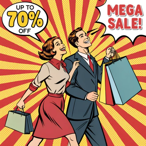 Modelo de venda de pop art para cartazes promocionais com casais fazendo compras