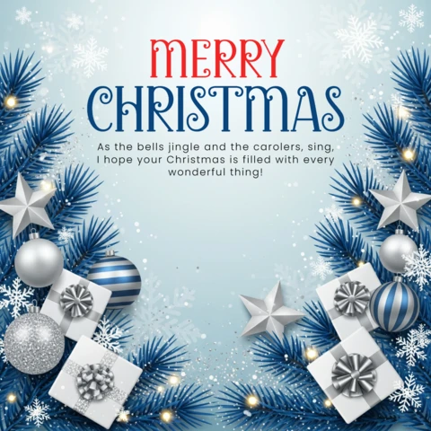 Blaue Kieferngirlande mit Ornamenten und Sternen, die die frohe Weihnachtsgrüße und fröhlichen Wünsche umgeben, Gestaltungsvorlage.