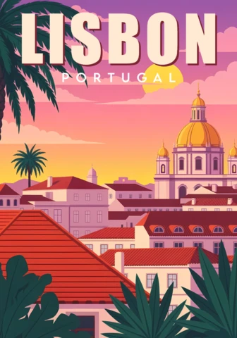 Affiche de voyage vintage de Lisbonne, Portugal, avec un design de paysage urbain coloré et des palmiers.