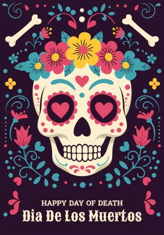 Colorful Sugar Skull Design Template for Dia De Los Muertos Greeting Card