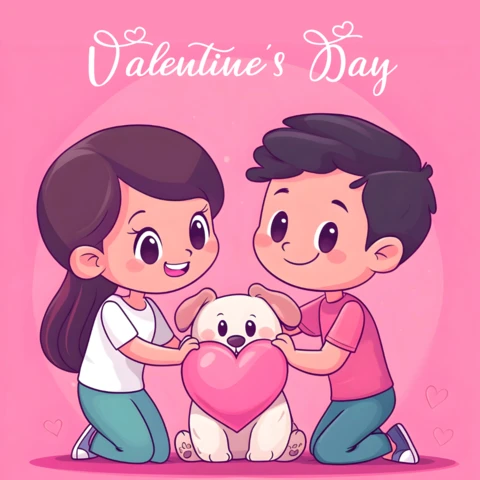 Valentines Day Couple Illustration Template with Heart and Puppy