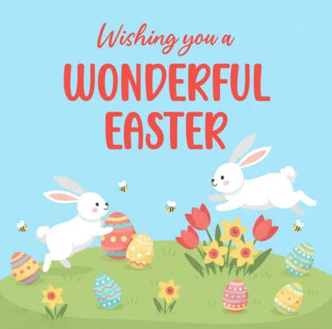 Cheerful Easter Bunny Scene with Eggs, Flowers & Bees – Wonderful Easter Greeting