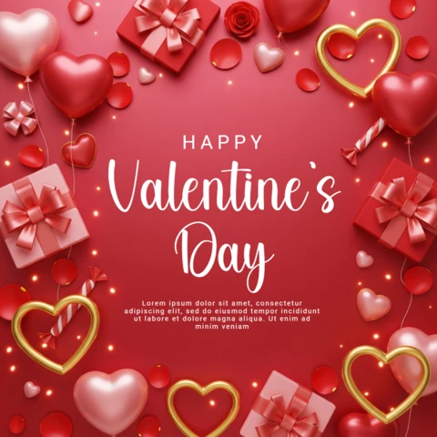 Cartel del día de San Valentín con fondo rojo, globos en forma de corazón, pétalos de rosa y cajas de regalo.